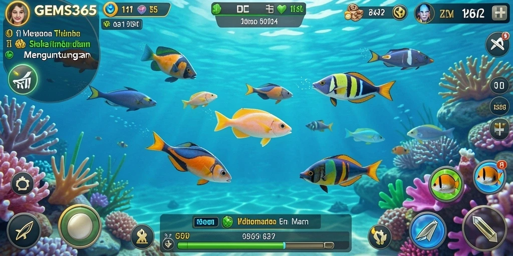 Screenshot GEMS365 menunjukkan gameplay tembak ikan yang mendebarkan.