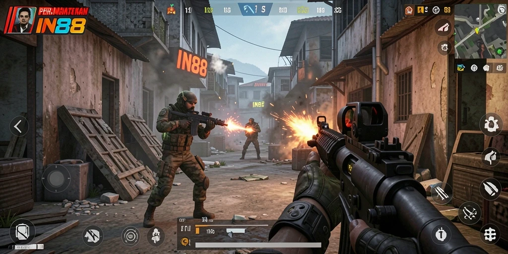 Tangkapan layar menampilkan aksi mendebarkan dalam IN88, memamerkan gameplay FPS yang intens.