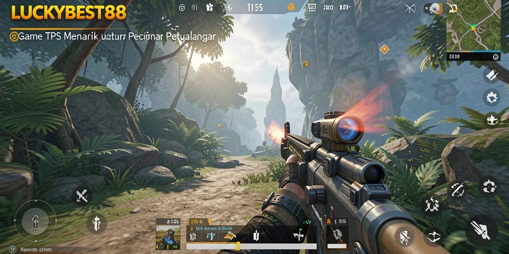 Screenshot gameplay LUCKYBEST88 menampilkan aksi mendebarkan dalam pertempuran TPS.
