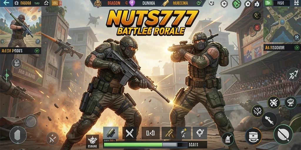 Screenshot gameplay NUTS777 menampilkan aksi seru Battle Royale.