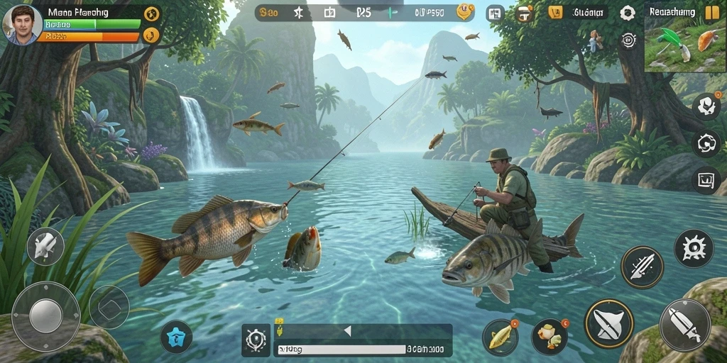 Tampilan asyik gameplay memancing di RP55 dengan beragam ikan.