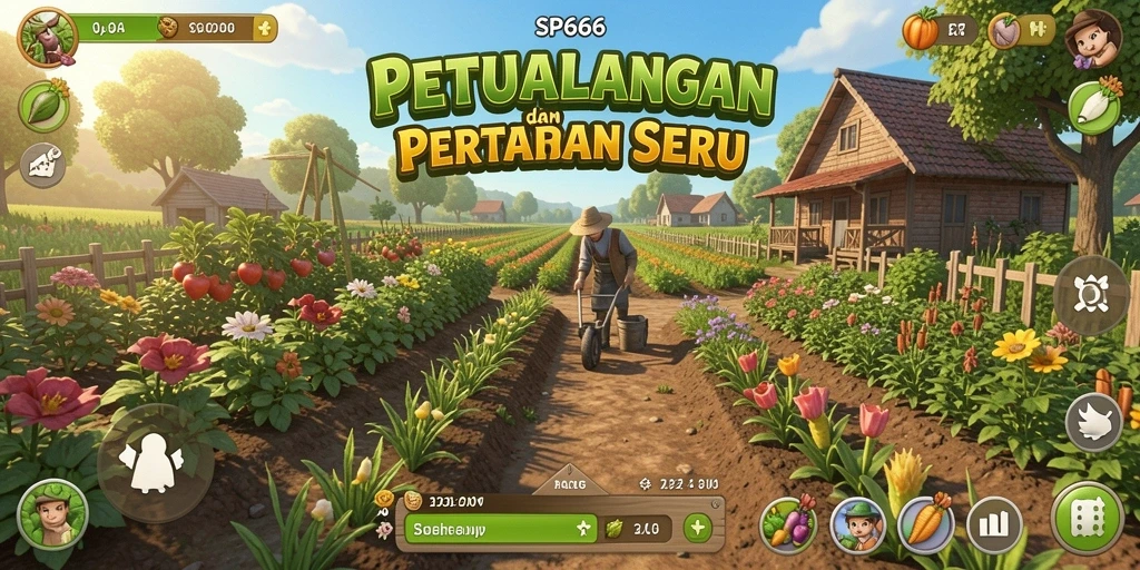 Screenshot gameplay SP666 menunjukkan kebun yang luas dan tanaman berwarna-warni.