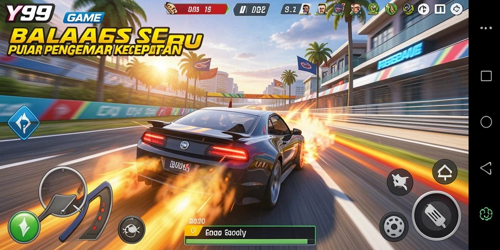 Screenshot gameplay Y89 yang menunjukkan aksi balapan mendebarkan.